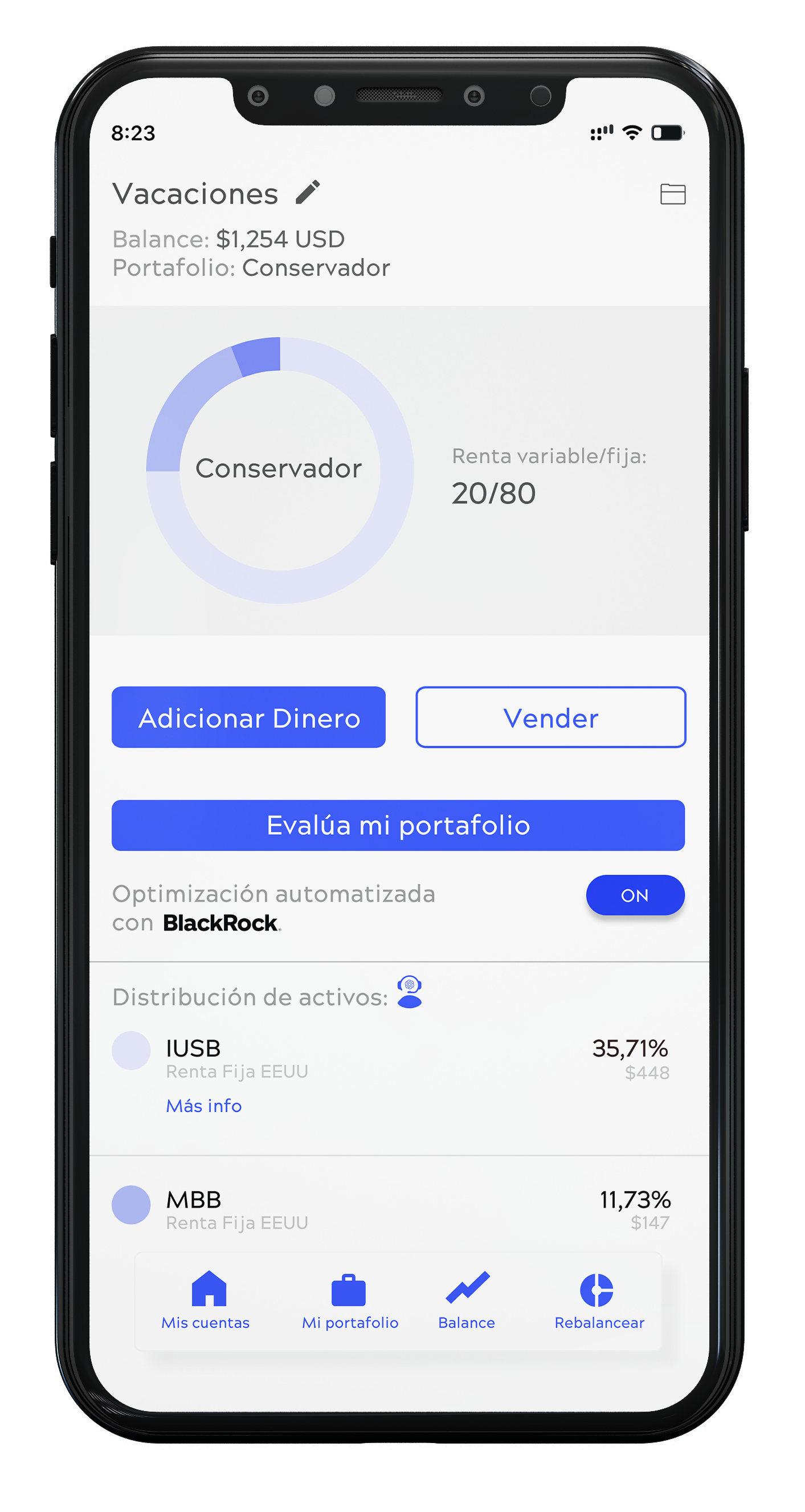 Imagen de celular inteligente con la interfaz de la App de Insights: Portafolios gestionados