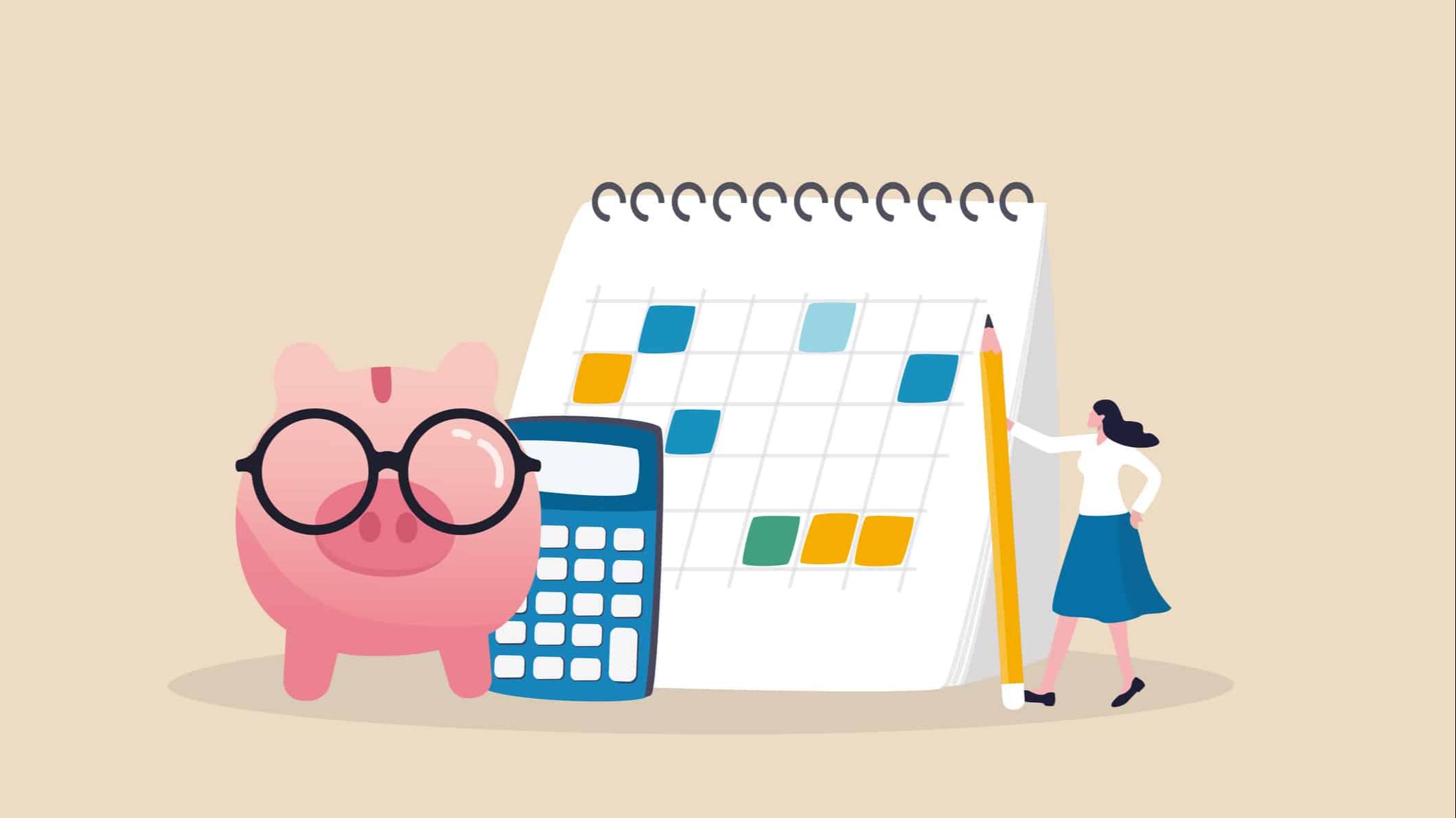 Dibujo de un gran cerdito que hace las veces de alcancía, al lado de una calculadora y un gran calendario. Una mujer sostiene un lápiz