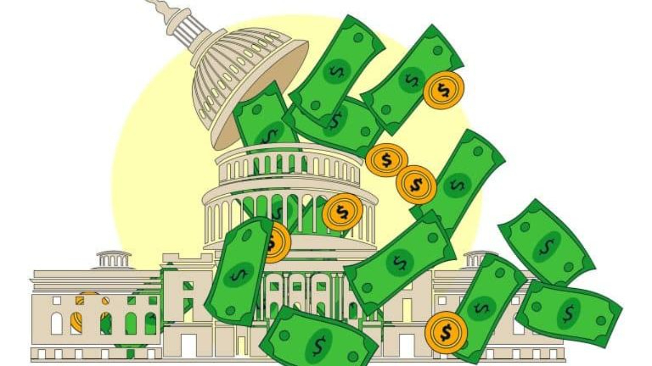 Gráfico de La Casa Blanca, con grandes dólares y monedas saliendo del techo