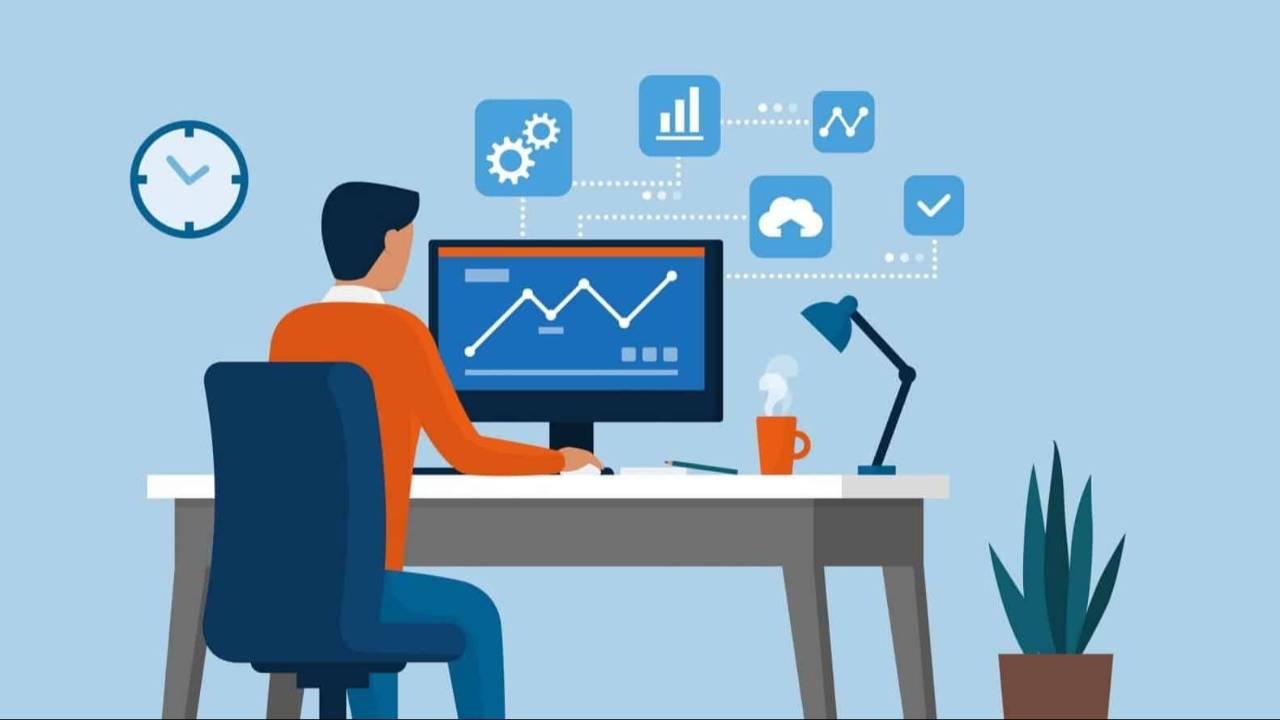 Dibujo de un hombre trabajando en un computador, se observan gráficas del comportamiento de la Reserva Federal de los EEUU