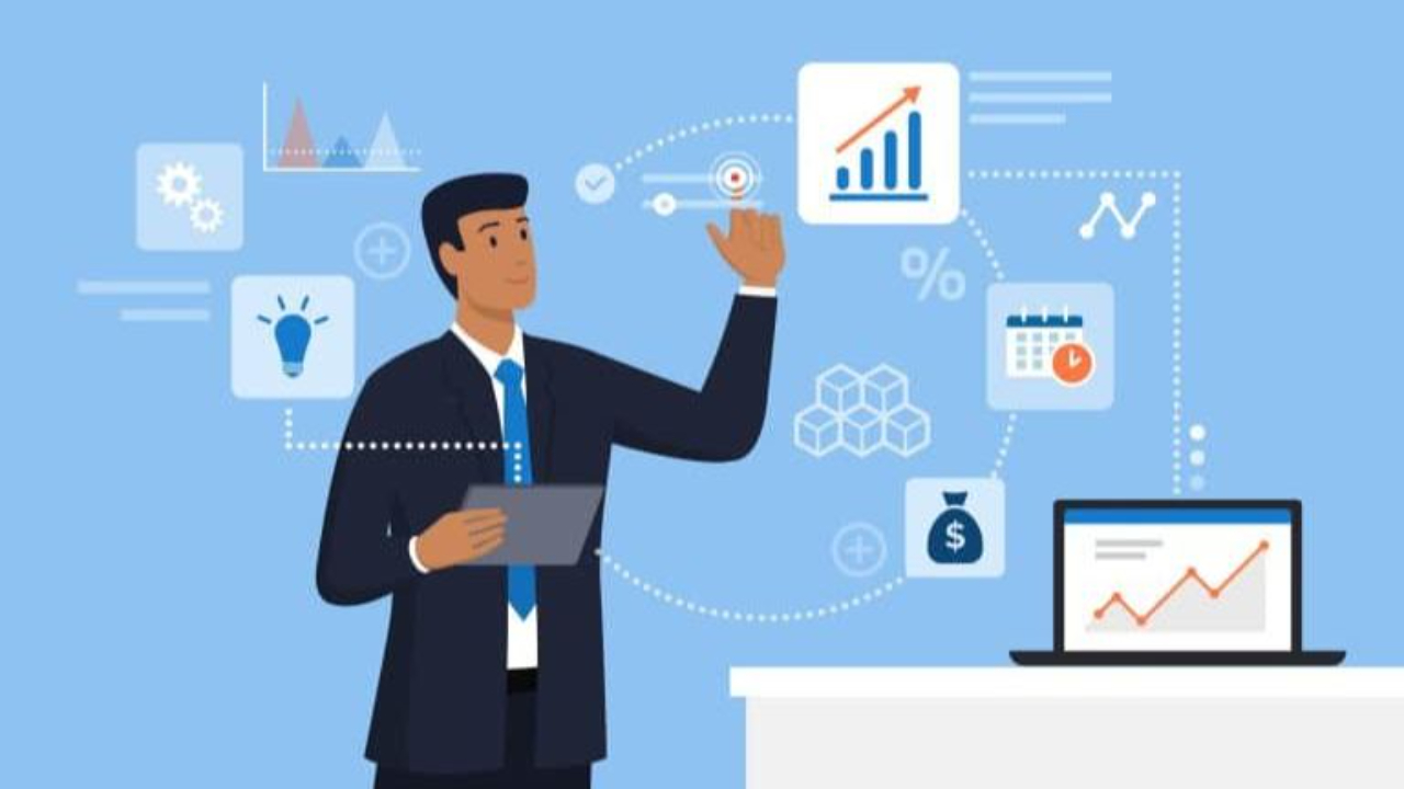 Gráfica de un hombre interactuando con un tablero en el que se observan gráficas