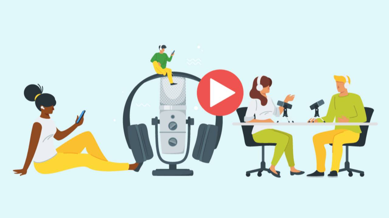 Dibujo de dos personas grabando el podcast de las técnicas de ahorro y dos personas escuchándolo. Resalta un gran micrófono y audífonos