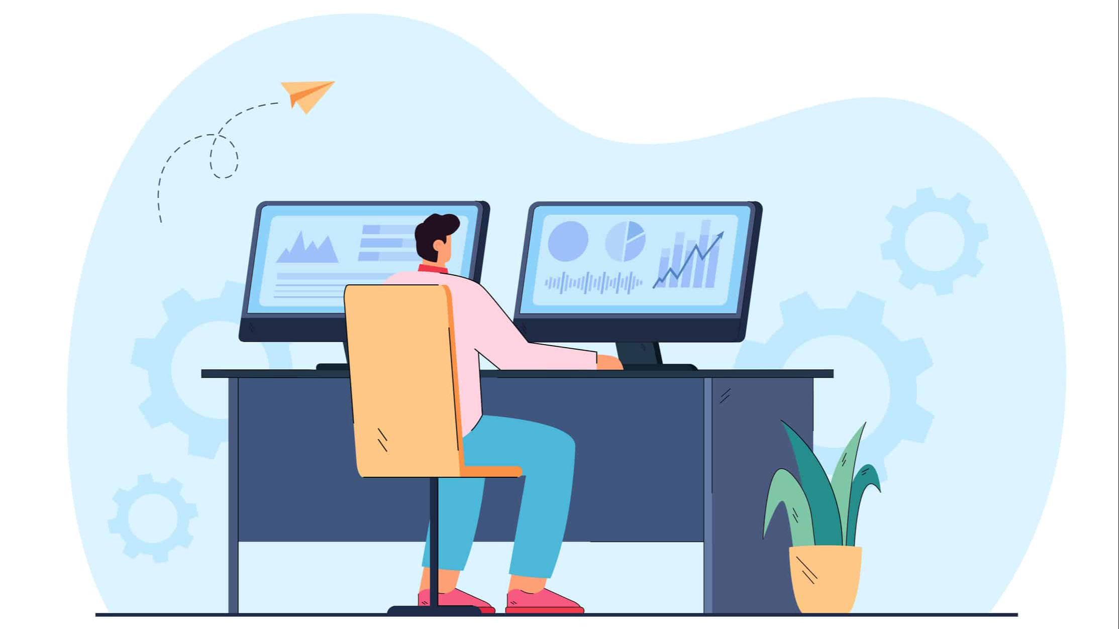 Dibujo de un hombre con buzo rosa que trabaja en dos computadoras. En la pantalla se observan gráficos del índice S&P 500