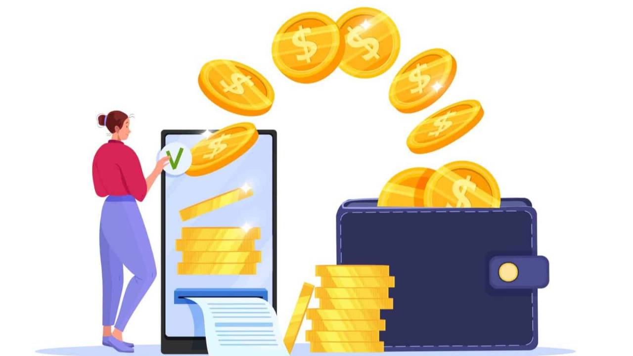 Dibujo de una mujer al lado de un gran celular que deposita grandes monedas en una billetera. La mujer ganó dinero en acciones en bolsa