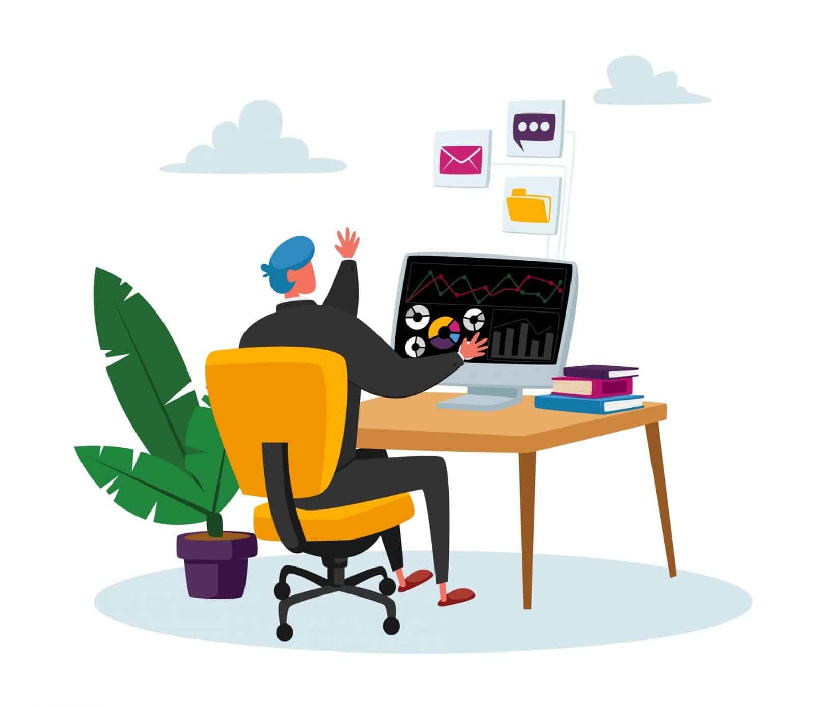 Dibujo de un hombre trabajando en un computador, está observando gráficas circulares y barras. Lee sobre la invesión sostenible