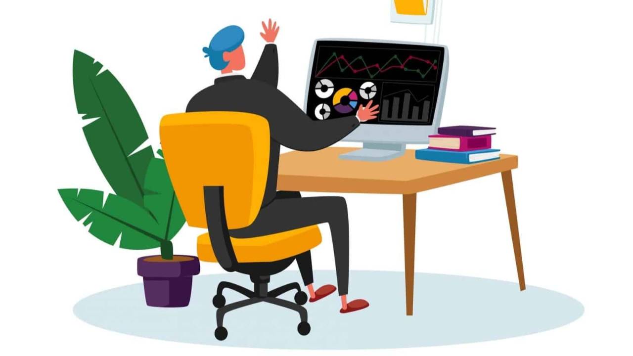 Dibujo de un hombre trabajando en un computador, está observando gráficas circulares y barras. Lee sobre la invesión sostenible
